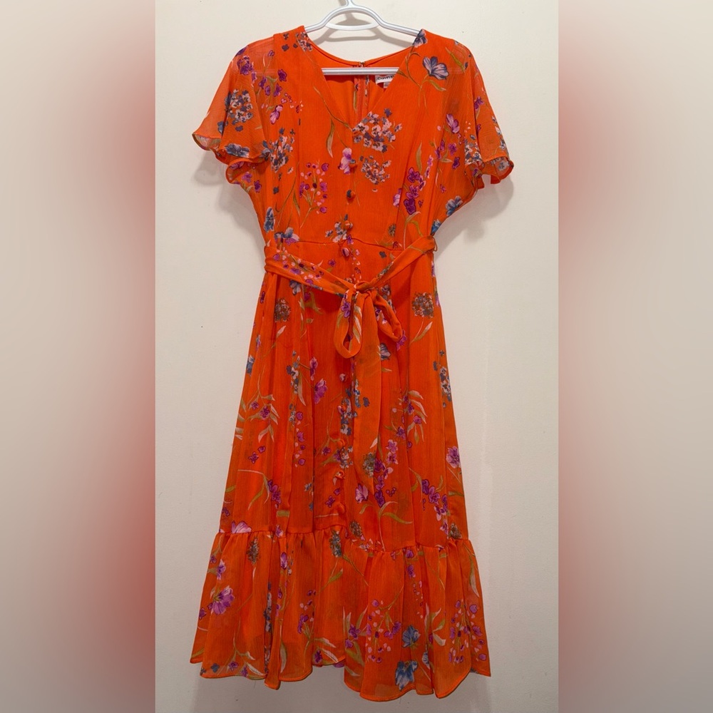 Calvin Klein Floral Flutter Sleeve Belted Chiffon Dress